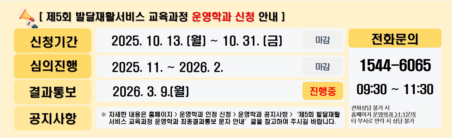 제5회 발달재활서비스 교육과정 운영학과 신청 안내 신청기간 2025. 10. 13. (월) ~ 10. 31. (금)  마감 심의진행  2025. 11. ~ 2026. 2. 마감 결과통보 2026. 3. 9.(월) 진행중 공지사항※ 자세한 내용은 홈페이지 > 운영학과 인정 신청 > 운영학과 공지사항 >‘제5회 발달재활     서비스 교육과정 운영학과 최종결과통보 문자 안내’글을 참고하여 주시길 바랍니다. 전화문의 1544-6065   09:30 ~ 11:30 전화상담 불가 시 홈페이지 운영학과 >1:1문의 타 부서로 연락 시 상담 불가